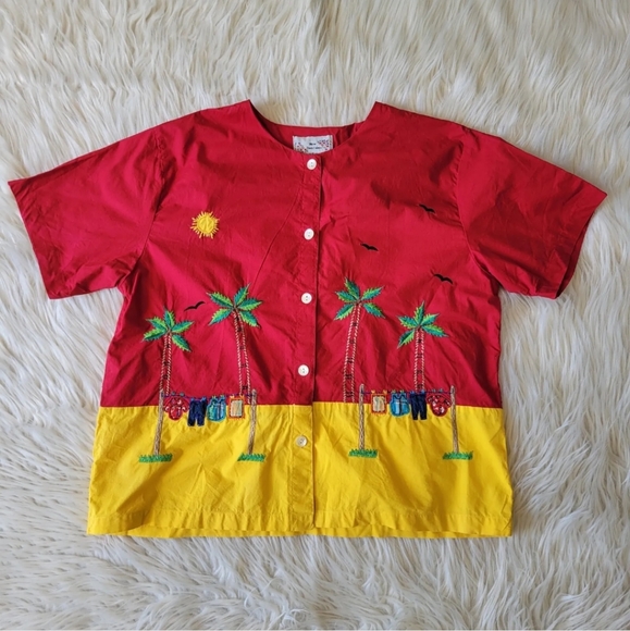 Shirt Shorts Set Embroidered Yellow Red Sz M Women Palm Tree Vacation Tropical - Picture 2 of 12